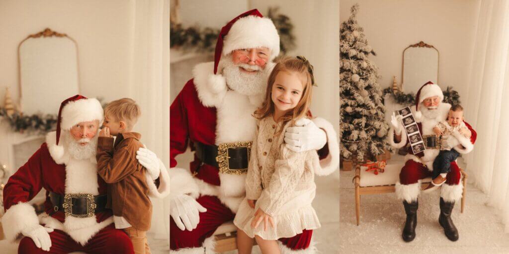 Santa mini sessions in Smyrna TN – child whispering to Santa, smiling girl with Santa, toddler crying with Santa holding ultrasound photo – Rylan’s Riches Photography